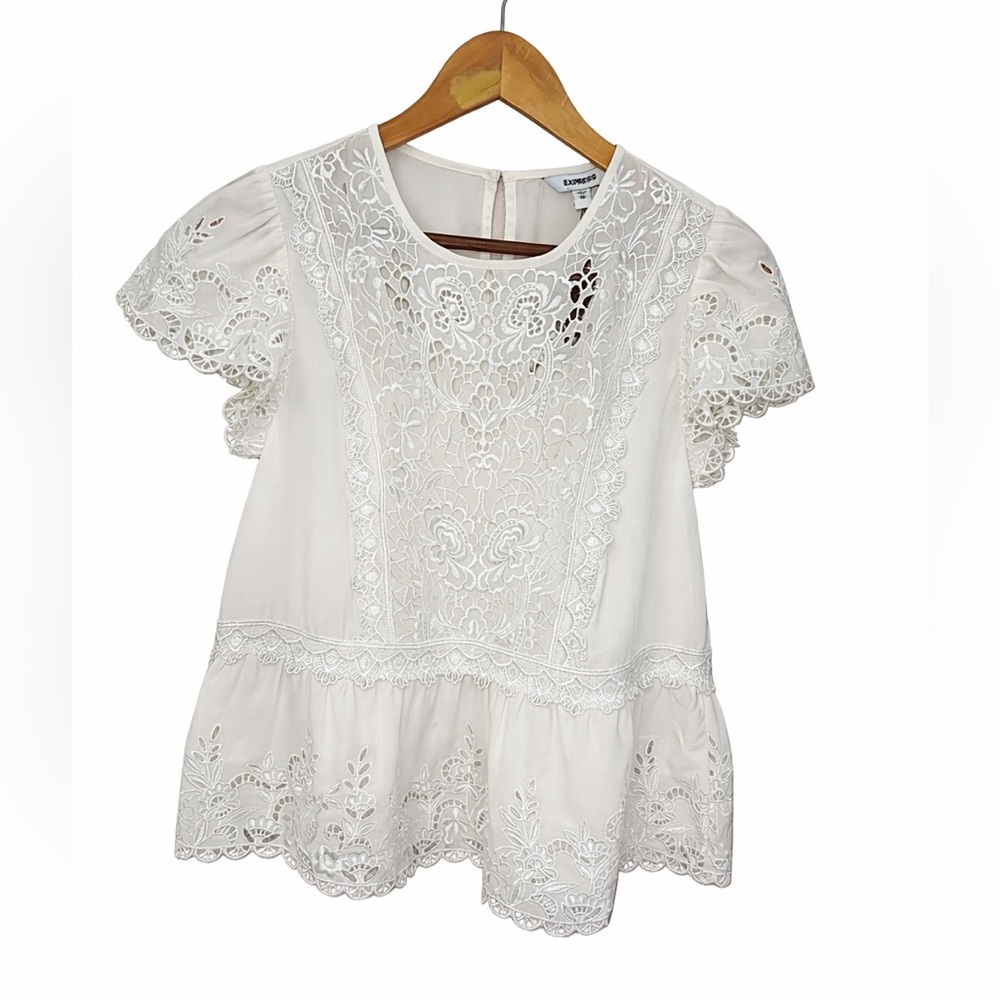 Express White Lace Peplum Blouse Boho Cottagecore Romantic Floral Embroidered XS